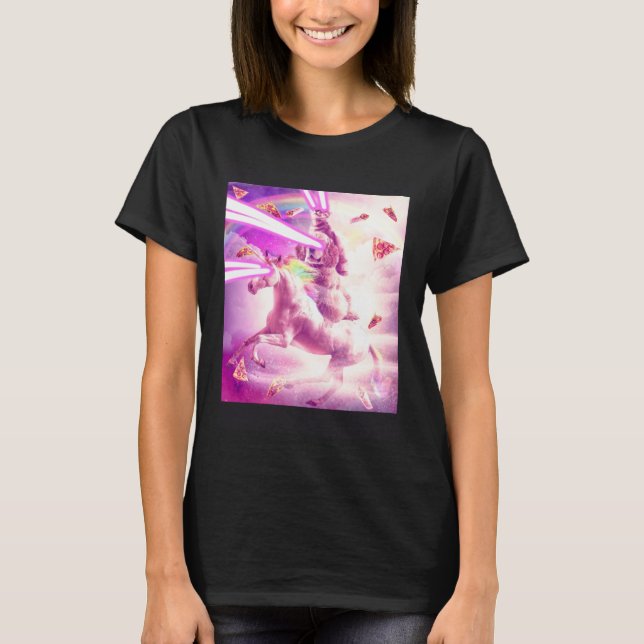 Camiseta Laser Eyes Space Cat Riding Dog Unicorn  Rainbow (Anverso)