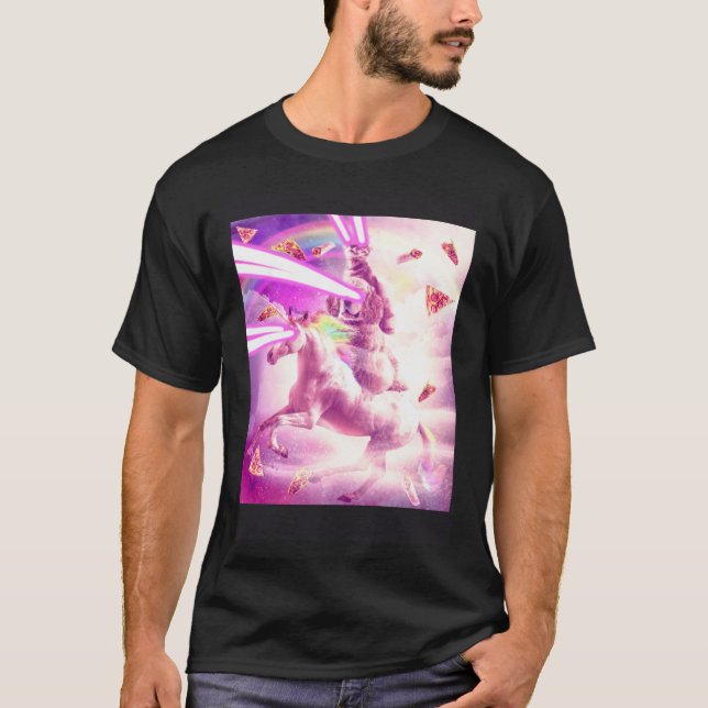 Camiseta Laser Eyes Space Cat Riding Dog Unicorn  Rainbow (Anverso)