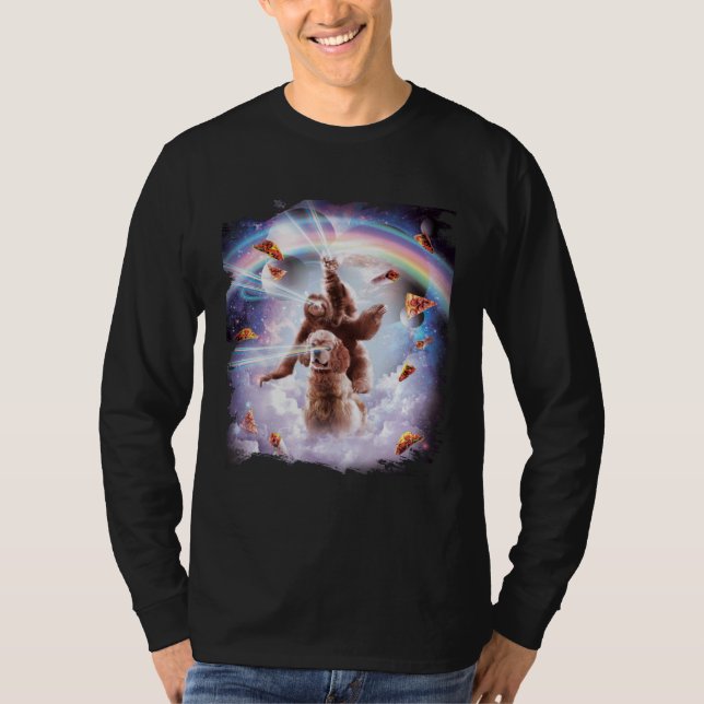 Camiseta Laser Eyes Space Cat Riding Sloth, Dog Rainbow (Anverso)