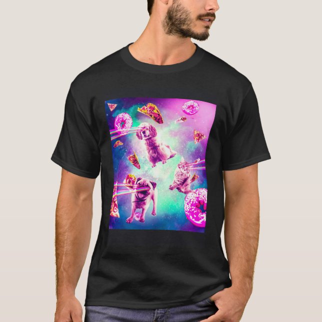 Camiseta Laser Eyes Space Cat With Dog Pug  Rainbow (Anverso)