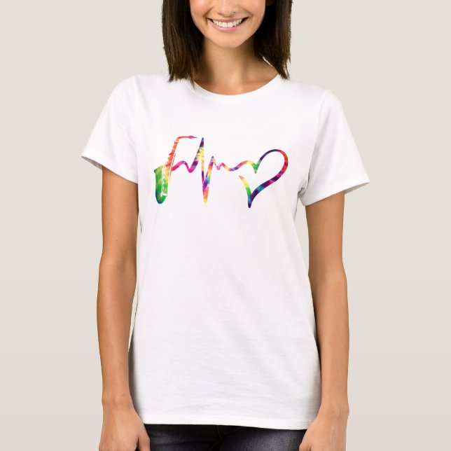 Camiseta latido saxofónico de corazón de instrumento de tin (Anverso)