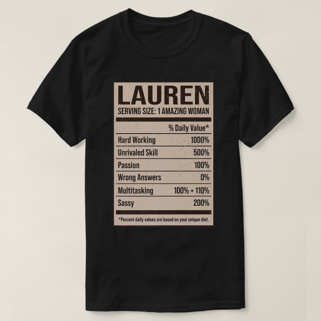 Camiseta Lauren Nutrition Facts Name Nickname Alias Título  (Diseño del anverso)