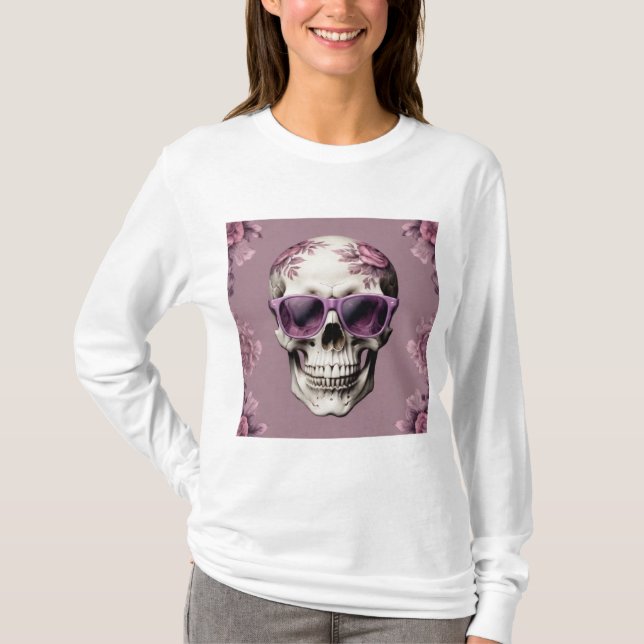 Camiseta Lavender Floral 3D Cráneo muerto usando gafas de s (Anverso)