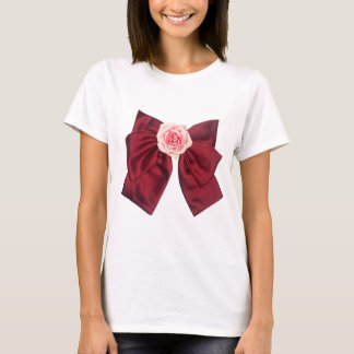 Camiseta • Lazo Coquette Granate Elegante con Rosa Rosa