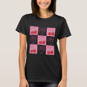 Camiseta Lazo de cinta de coqueta de cereza a cuadros rosa
