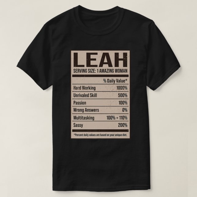 Camiseta Leah Nutrition Facts Name Nickname Alias Title Fri (Diseño del anverso)