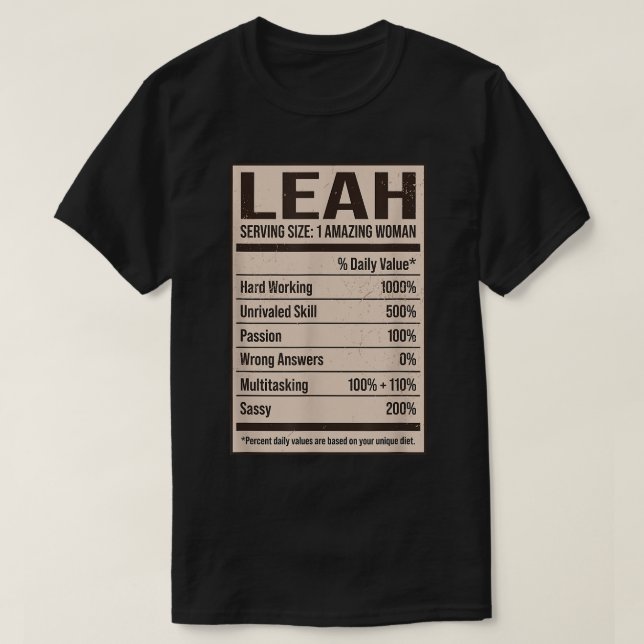 Camiseta Leah Nutrition Facts Name Nickname Alias Title Fri (Diseño del anverso)