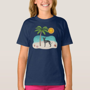 Camiseta Lebrel italiano negro en la playa tropical de vera