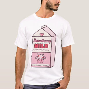 Camiseta Leche de Fresa Rosa Vaca Kawaii Cartón