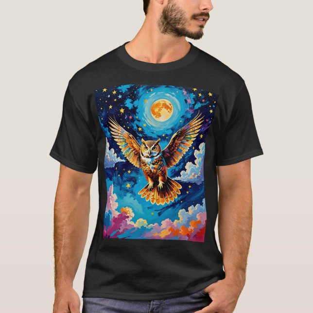 Camiseta Lechuza celeste en tee de cielos estrellados (Anverso)
