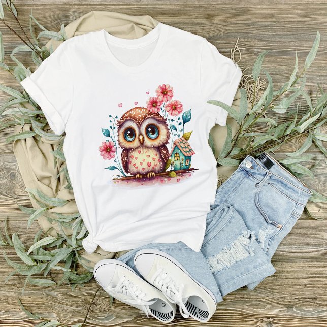 Camiseta Lechuza con flores y casa pequeña (Subido por el creador)