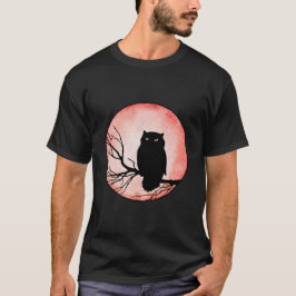 Camiseta Lechuza de época escarpada con luna de color rojo