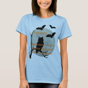 Camiseta Lechuza de Halloween azul clara y murciélagos