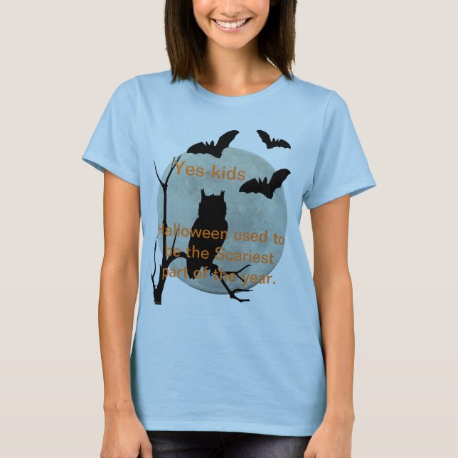 Camiseta Lechuza de Halloween azul clara y murciélagos (Anverso)