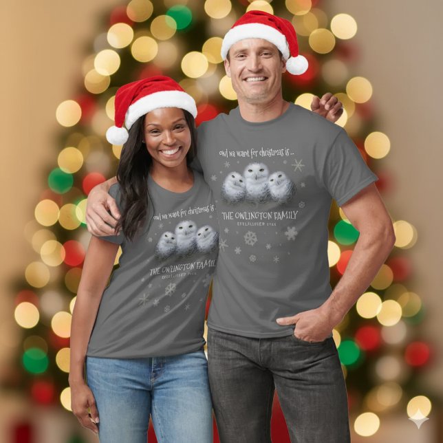 Camiseta Lechuza divertida que queremos para los Navidades. (Trio of Snowy Owls Couple's T-Shirts Cover Photo)