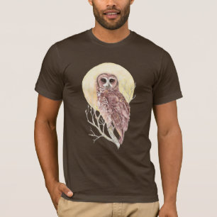 Camiseta Lechuza en árbol con pájaro acuarela lunar, animal