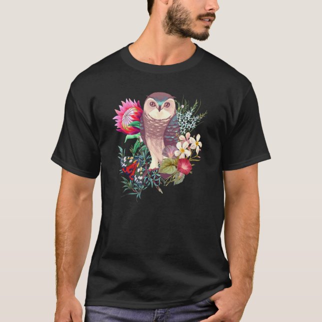 Camiseta Lechuza Forestal Con Flores Y Mariposa (Anverso)