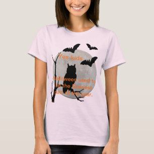 Camiseta Lechuza Halloween rosa pálida y murciélagos