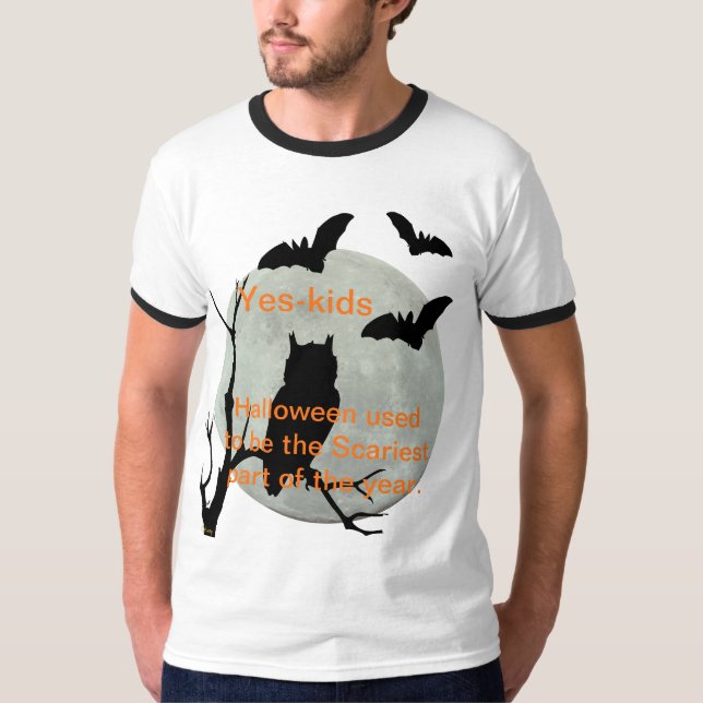 Camiseta Lechuza Halloween y Bats de Ringer blanco (Anverso)