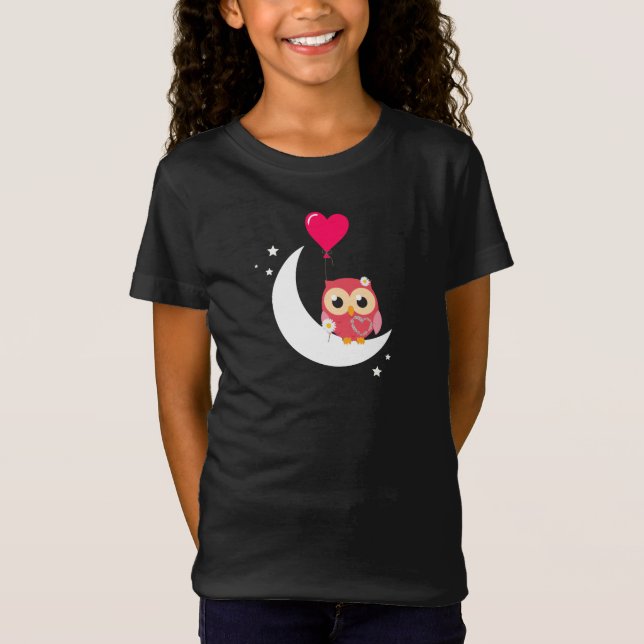 Camiseta Lechuza rosa linda con globos de luna de corazón d (Anverso)