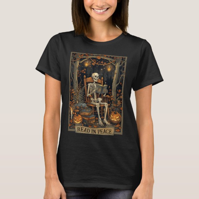 Camiseta Leer en paz Skeleton Halloween Leer Libros Prohibi (Anverso)