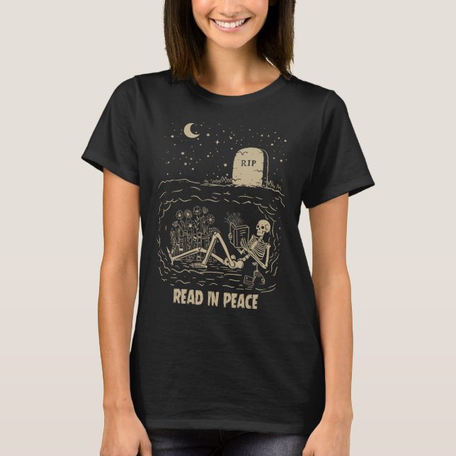 Camiseta Leer en paz Skeleton Leer libros Graciosos Hallowe (Anverso)