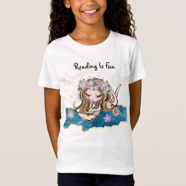 Camiseta *~* LEER ES DIVERTIDA Flower Girl Child Gold Blue (Anverso)