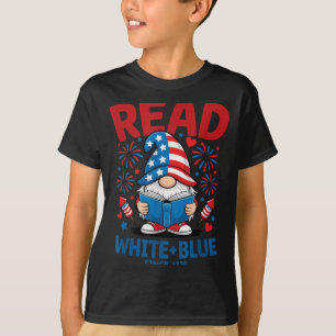 Camiseta Leer Gnomos Azul Blanco USA Leyendo Fuegos Artific
