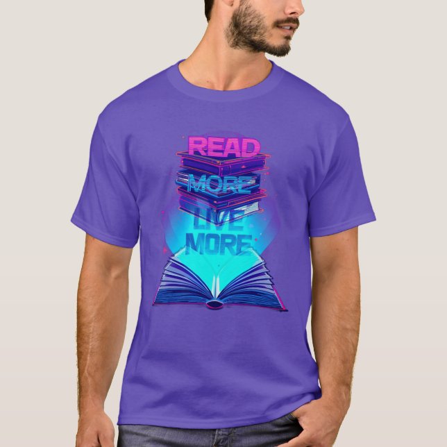 Camiseta Leer más en vivo más - Pila de libros Neon y brill (Anverso)
