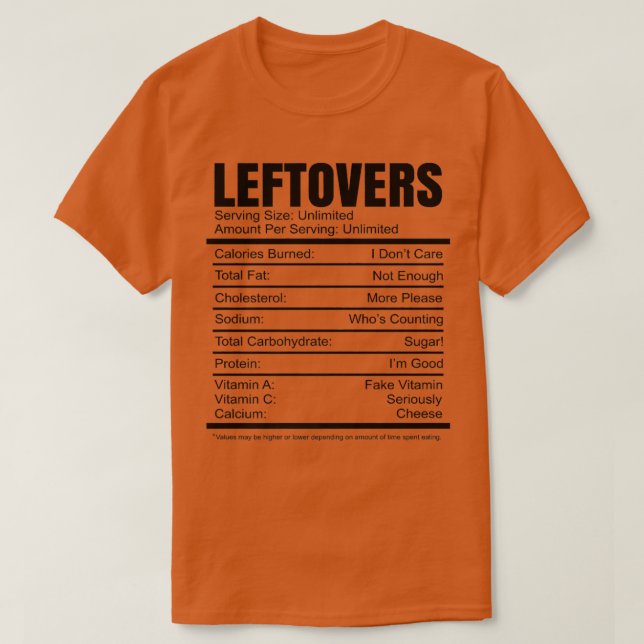 Camiseta Leftovers Nutrition Facts Receta de Acción de Grac (Diseño del anverso)
