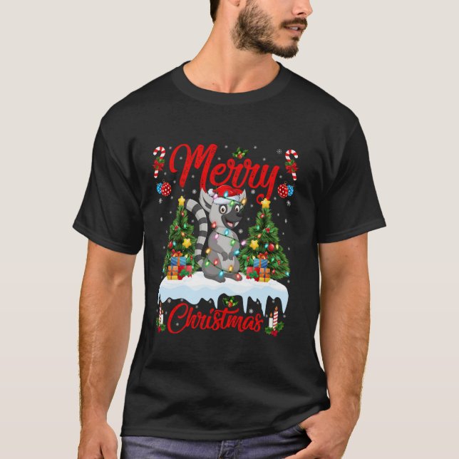 Camiseta Lemur Merry Christmas Tree iluminando Santa Lemur  (Anverso)