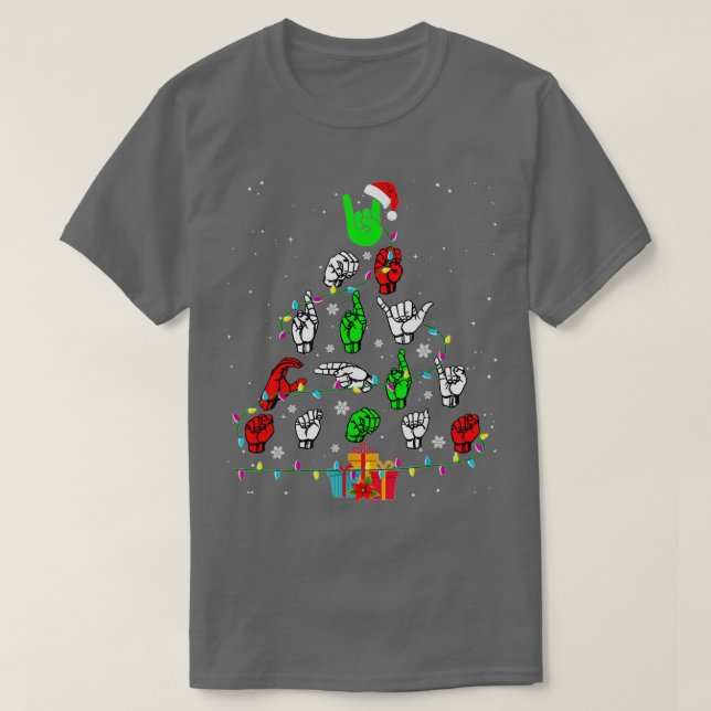 Camiseta Lenguaje de Rótulo Árbol de Navidad Feliz Regalos  (Diseño del anverso)