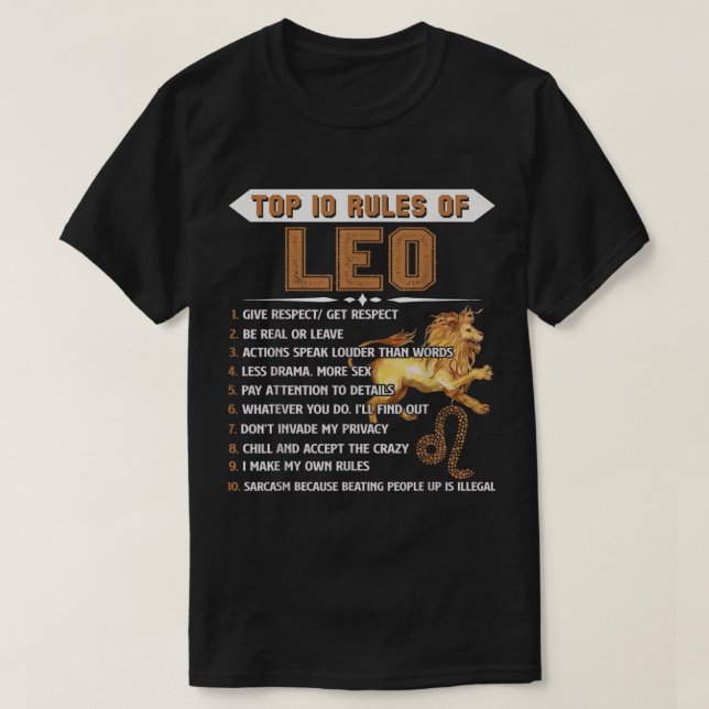 Camiseta Leo Zodiac Cumpleaños Gift Las 10 Principales Regl (Diseño del anverso)