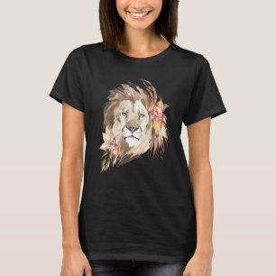 Camiseta León africano, gran gato, flores silvestres, acuar