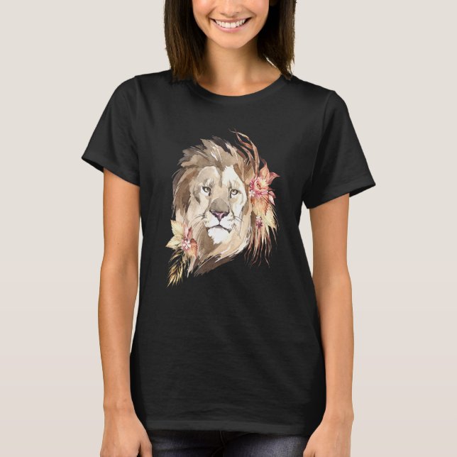 Camiseta León africano, gran gato, flores silvestres, acuar (Anverso)