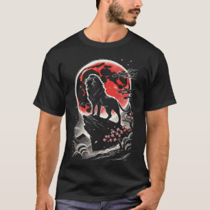 Camiseta León bajo luna roja, estilo de tatuaje neo-japonés