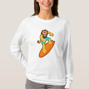 Camiseta León como surfista con tabla de surf