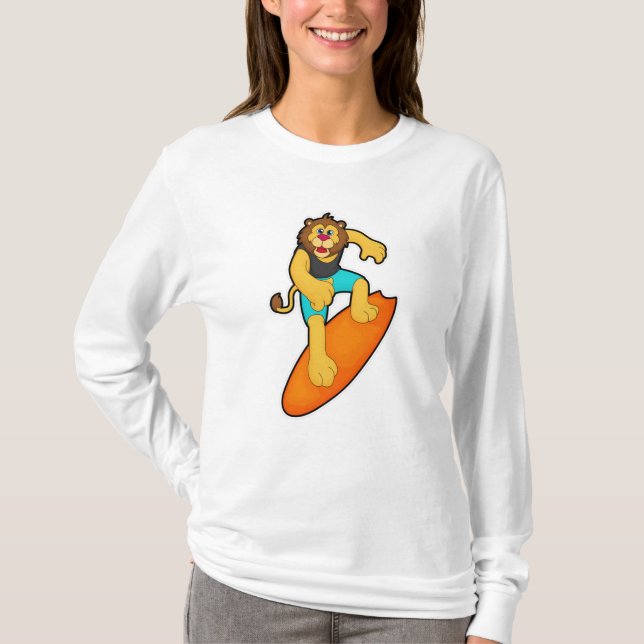 Camiseta León como surfista con tabla de surf (Anverso)