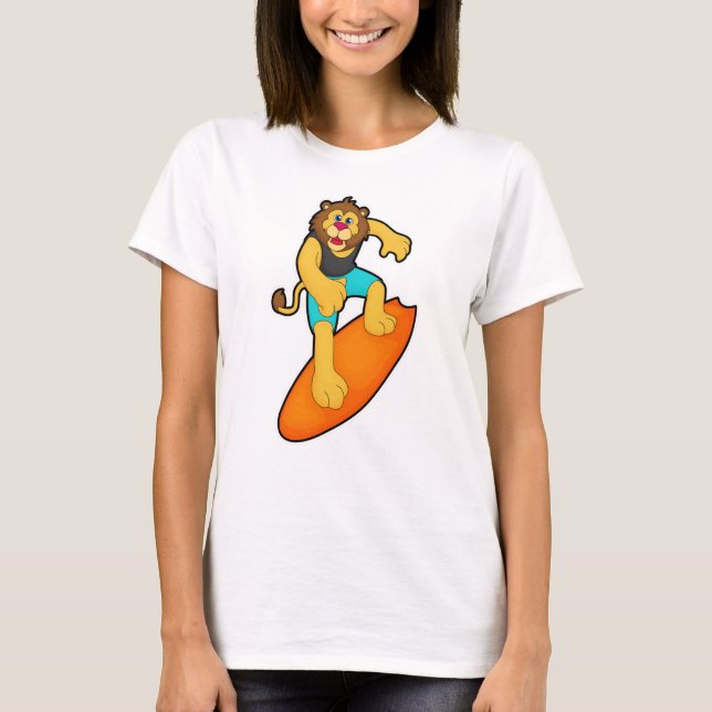 Camiseta León como surfista con tabla de surf (Anverso)