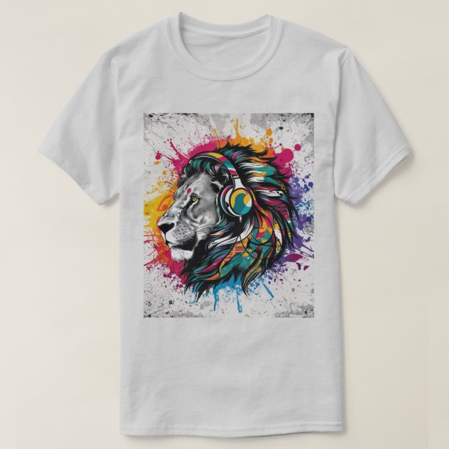 Camiseta León con audífonos Color Splash Vibrante (Diseño del anverso)