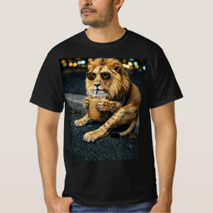 Camiseta León con gafas de sol bebiendo café helado