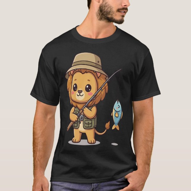 Camiseta León de pesca Kawaii con captura (Anverso)