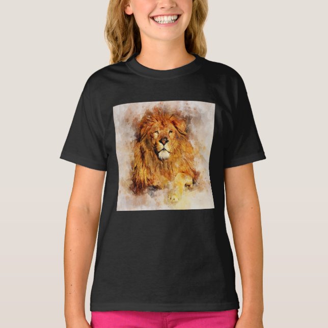 Camiseta León macho con retrato de acuarela de gran tamaño (Anverso)