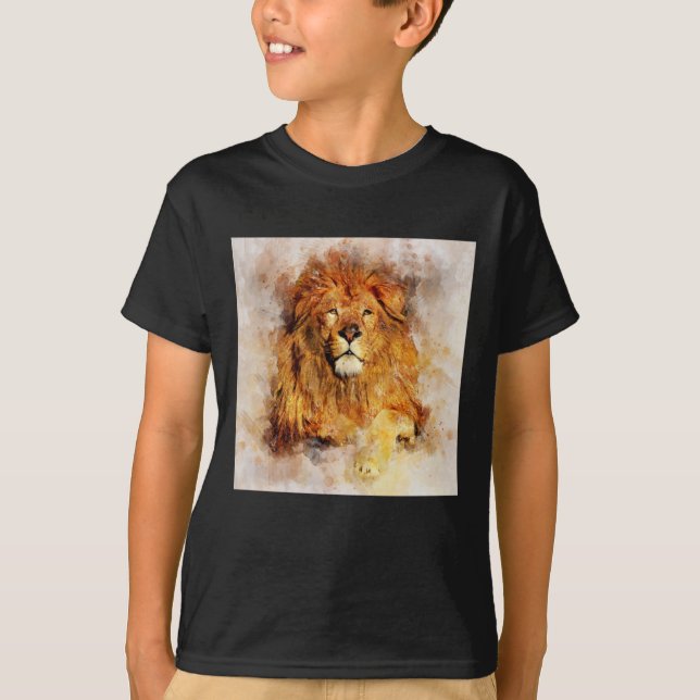 Camiseta León macho con retrato de acuarela de gran tamaño (Anverso)