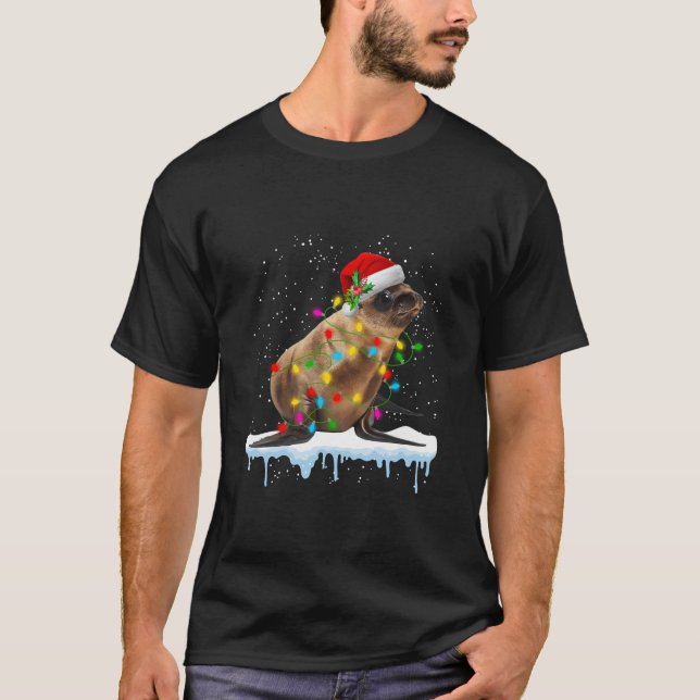 Camiseta León marino espera a Santa con luces de Navidad co (Anverso)