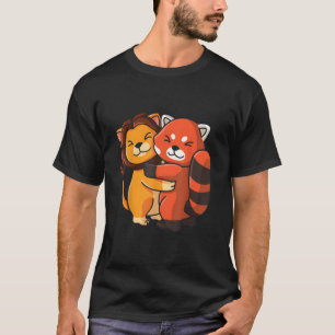 Camiseta León Panda Rojo Abrazando Animal Kawaii