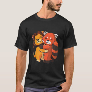 Camiseta León Panda Rojo Abrazando Animal Kawaii