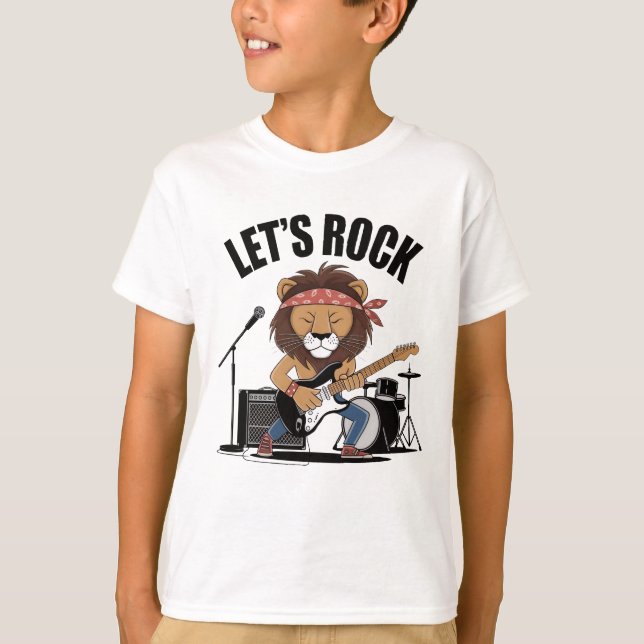 Camiseta León tocando guitarra con tambores y micrófono (Anverso)