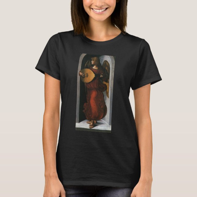 Camiseta Leonardo da Vinci un ángel en rojo con un lute (Anverso)