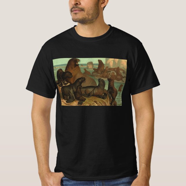 Camiseta Leones Marinos en la Playa, Vida Marina Animal Vin (Anverso)